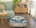 Blue Square Floor Pillow Cover Large Yoga Décor Cushion Moroccan Pouf Ottoman Boho Furniture Perfect for Living Room, Bedroom, Nursary or Children Room Seating Area Beanbag Footstool 24x8 Unstuffed