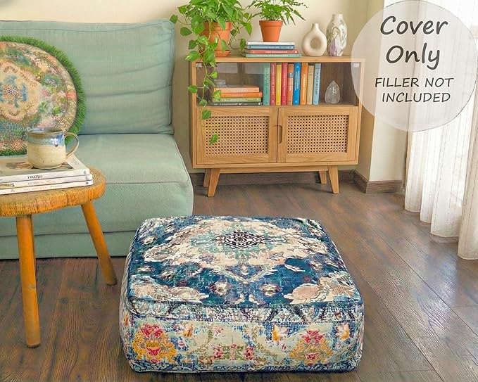 Blue Square Floor Pillow Cover Large Yoga Décor Cushion Moroccan Pouf Ottoman Boho Furniture Perfect for Living Room, Bedroom, Nursary or Children Room Seating Area Beanbag Footstool 24x8 Unstuffed