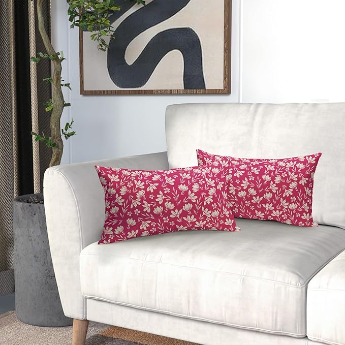 Hot Pink Pillow Covers 12x20 Set of 2 Vintage Floral Rustic Old Style Cute Flower Print Rectangle Decorative Outdoor Pillowcases Seasonal Farmhouse Throw Cushion Case Couch Sofa Bed Decor