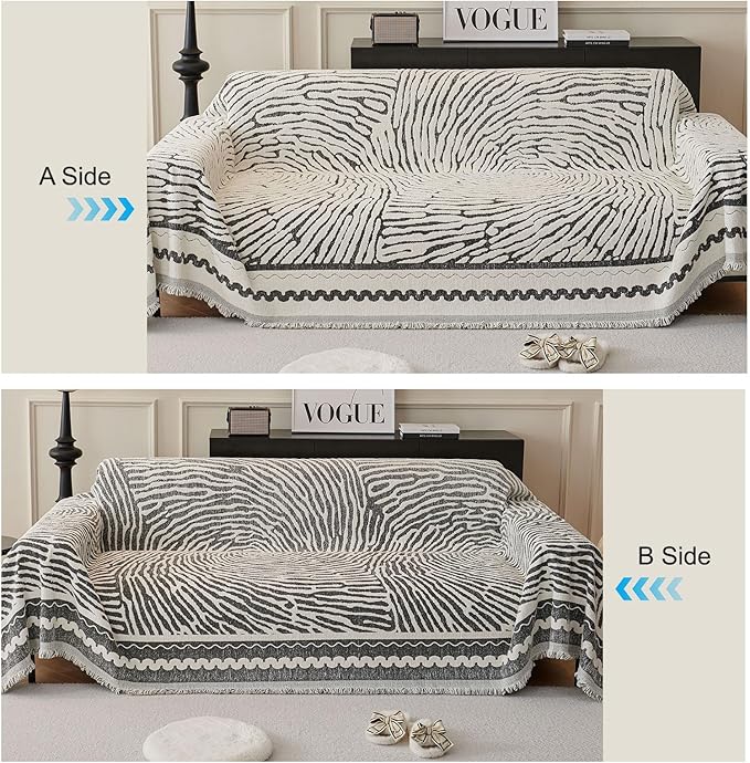 ROOMLIFE Thicked Striped Couch Cover with Tassel Black Chenille Sofa Cover Blanket for Sectional Sofa, Soft Sofa Slipcovers for L Shaped Love Seat 2-3 Cushion Couch Anti Slip Sofa Protector, 71"x134"