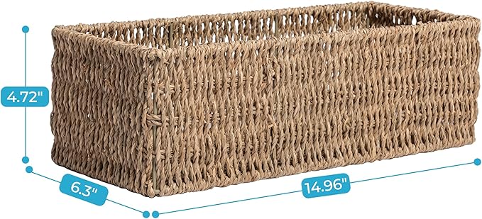 JS HANGER Paper Storage Basket, Metal Frame, Set of 2, 14.9"L x 6.3"W x 4.7"H, Wicker Basket for Pantry, Toilet, Bathroom, Bedroom, Patio Storage Baskets for Shelves