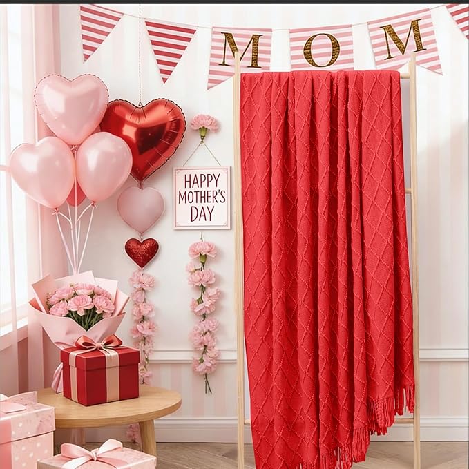 inhand Red Knitted Throw Blanket for Couch Bed, Mothers Day/Mom Birthday Gifts for Mom from Daughter Son, Soft Lightweight with Tassels, Farmhouse Warm Decorative Blanket for Women, 60"x80"