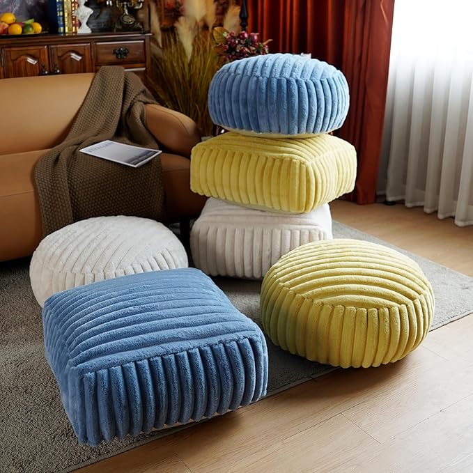 Unstuffed Pouf Ottoman Cover Soft Storage Extra Seat Farmhouse Comfortable Bohemian Poufs Accent Footrest 20x20x8 Inches for Living Room Bedroom Study Nook (Beige B, Square)