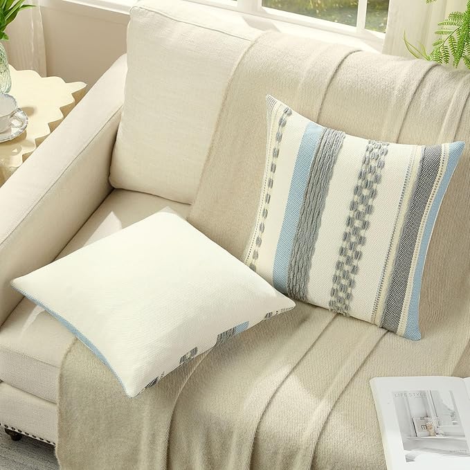 FUTEI Grey Decorative Throw Pillow Covers 18x18 Inch Set of 2, Soft Tufted Striped Textured Accent Cushion Case,Boho Pillows for Couch Decor