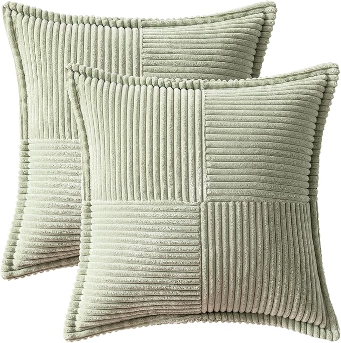 MIULEE Spring Decorative Throw Pillow Covers for Couch Bed Livingroom 16x16 Inch Set of 2 Light Green Boho Accent Throw Pllows Broadside Striped Patchwork Soft Corduroy Summer Pillowcases