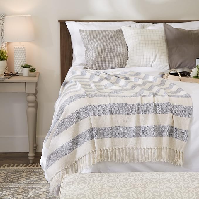 DII Rustic Farmhouse Cotton Cabana Striped Blanket Throw with Fringe, 50 x 60 - Cabana Striped Off-White with French Blue