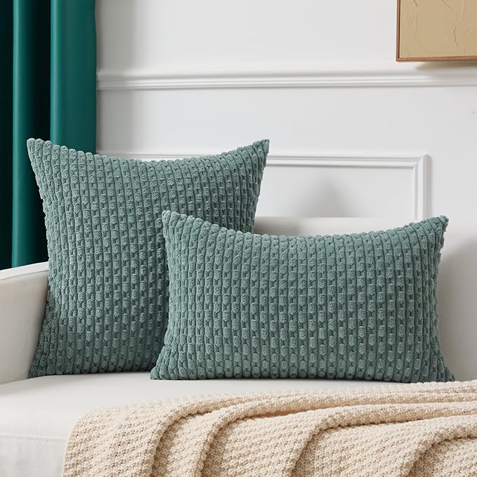 Kevin Textile 16x24 Inch Pillow Cover 1 Pack Boho Decorative Soft Striped Corduroy Lumbar Farmhouse Color Accent Rectangle Cushion Case for Living Room Couch Sofa Bed, Teal Green