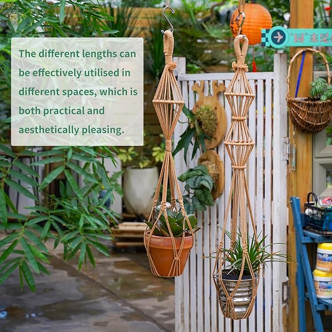 Hourglass Floating Macrame Plant Hangers 2 Pack Handmade Cotton Rope Hanging Planters Basket with S Hooks, Diamond Openwork Boho Home Decor for Indoor Outdoor, Plants Holder 35" & 39” (Caramel)