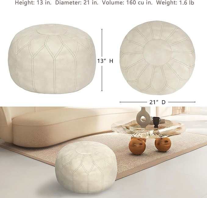 Thgonwid Unstuffed Moroccan Faux Leather Pouf Ottoman with Storage - Handmade Boho Chic Multi-Use Footrest for Living Room, Bedroom, Patio - Round Ethnic Floor Cushion & Decorative Accent, Ivory