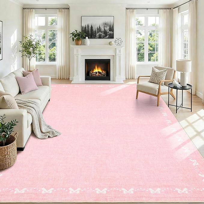 GarveeHome Bow Washable 8x10 Area Rugs for Living Room Non Slip Soft Solid Pink Bedroom Rugs Low Pile Foldable Large Area Rug Stain Resistant Carpet for Nursery Dining Room Playroom, Pink