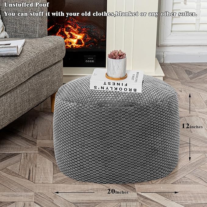 Unstuffed Pouf Ottoman Cover Handmade Footstool Ottoman Storage Solution Floor Pouf Footrest Cushion 20Diameterx12Height Inches for Living Room Wedding Dark Gray