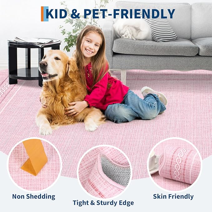 GarveeHome Scalloped Washable 8 x 10 Rug for Living Room Pink 8x10 Playroom Rug Non Slip Soft Bedroom Rugs Low Pile Large Area Rug Stain Resistant Carpet for Nursery Dining Room, Pink 8'x10'