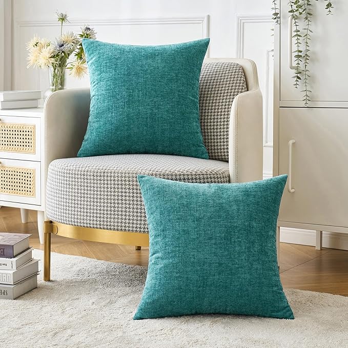 MIULEE Pack of 2 Couch Throw Pillow Covers 24x24 Inch Soft Teal Chenille Pillow Covers for Sofa Living Room Solid Dyed Pillow Cases