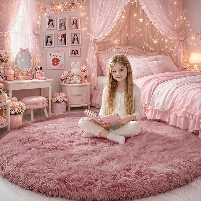 Blush Round Rug 6Ft for Bedroom, Fluffy Fuzzy Plush Circle Area Rugs for Baby Kids Room Decor Aesthetic, Shaggy Circular Carpet for Teen Girls Nursery Dorm Playroom, Cute Large Dusty Rose Mauve Rug