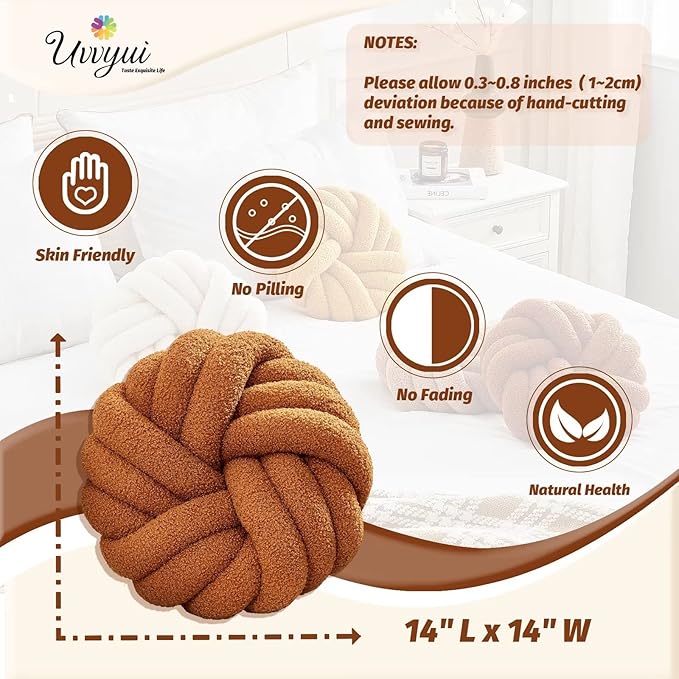 Uvvyui Knot Pillows, 14 Inch Decorative Throw Pillows Round Pillows Cushion, Soft Handmade Knotted Ball Pillow Plush Cushion Home Decor for Bed Couch Living Room (Caramel, 14 Inch)
