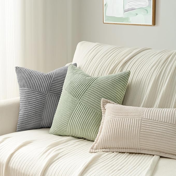 Topfinel Set of 2 Sagegreen Decorative Yellow Throw Pillow Covers 18x18 Inch for Couch Sofa Bed, Farmhouse Boho Rustic Home Decor,Soft Corduroy Windmill Textured Striped Patchwork Cushion Cases