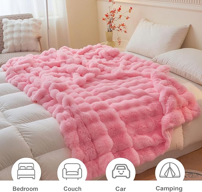 LIFEREVO Luxury Fluffy Faux Rabbit Fur Blanket, Plush Fuzzy Bubble Waffle Throw Couch Sofa, Cozy Comfy Furry Bed Blanket Home Decoration, Aesthetic Shaggy Throw for Bedroom Living Room, 60x90, Pink