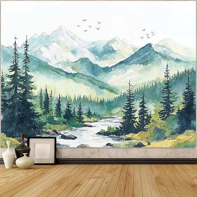 Accnicc Watercolor Forest Mountain Tapestry Green Nature Pine Tree River Wall Tapestry for Bedroom Aesthetic Misty Woods Birds Large Tapestries Wall Hanging for Living Room Dorm Decor 80 x 60 Inch