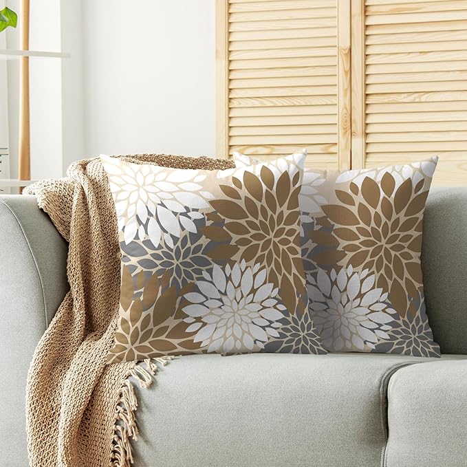 Brown White Grey Gray Pillow Covers 16X16 Inch Set of 2, Spring Modern Geometry Dahlia Floral Print Decorative Throw Pillow Covers Outdoor Farmhouse Cushion Case for Couch Sofa Bed Decor