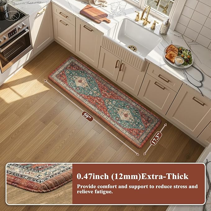 Collive Kitchen Rugs Anti Fatigue Kitchen Runner Mats Cushioned, Comfort Fatigue Mats for Standing, 17”x59” Red Non-Skid Washable Kitchen Floor Mats for Office, Sink, Laundry