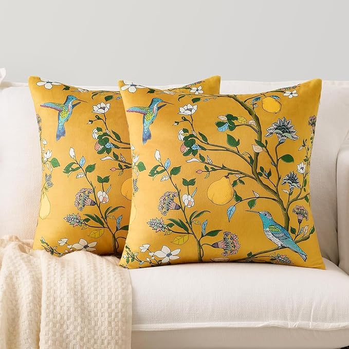 Mustard Yellow Velvet Throw Pillow Covers 16x16 Pack of 2, Vintage Floral Pillow Covers, Mid Century Flower Plant Cushion Covers for Sofa Living Room Home Decor