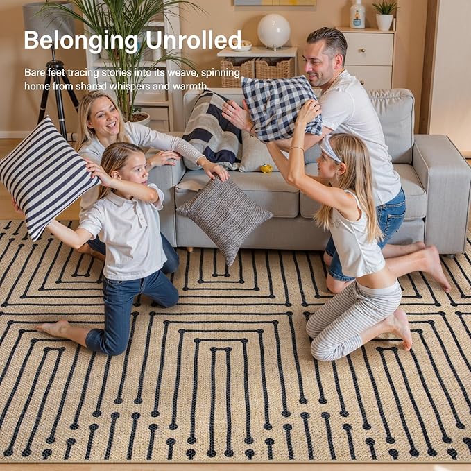 Lahome Maze Lines Easy Jute Runners for Hallways, 2x8 Washable Rug Runner Non Slip Stain Resistant, Farmhouse Low Pile Indoor Outdoor Carpet for Indoor Entryway Laundry Kitchen