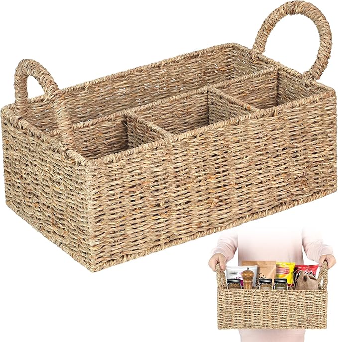 Wicker Divided Baskets with Handles, Seagrass Pantry Baskets, Storage Basket Woven Natural for Organizing Bathroom Kitchen Shelves Office Supplies Organization, Wicker Storage Baskets 4 Section.