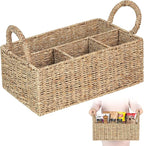Wicker Divided Baskets with Handles, Seagrass Pantry Baskets, Storage Basket Woven Natural for Organizing Bathroom Kitchen Shelves Office Supplies Organization, Wicker Storage Baskets 4 Section.