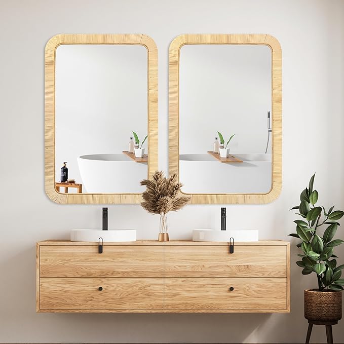 PERFNIQUE Rattan Mirror, 36'' x 24" Rectangle Boho Bathroom Mirror, Decorative Wall Nursery Decor, Rustic Farmhouse Handmade Wicker Mirror for Bathroom Bedroom Entryway Living Room Decor