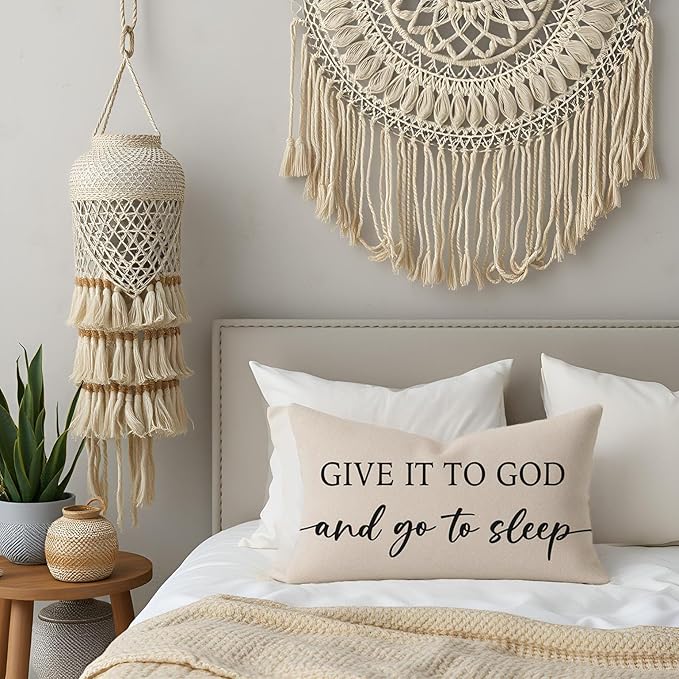 Christian Pillow Covers 12x20 Inch Set of 2 – Warm Cream Lumbar Case – Relax God’s Got This/Give It to God and Go to Sleep – Neutral Faith Throw Pillows Cases for Bed or Couch