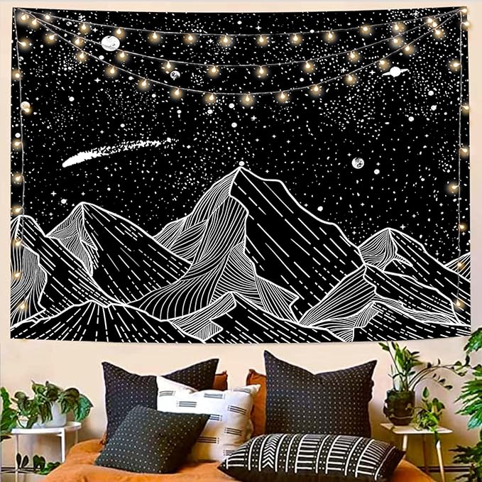 Zussun Black and White Tapestry Starry Night Mountain Tapestries for Bedroom Aesthetic Moon and Stars Tapastry's Wall Hanging Dark Nature Forest Wall Tapestry for Living Room Dorm (Dark, 48'' × 36'')