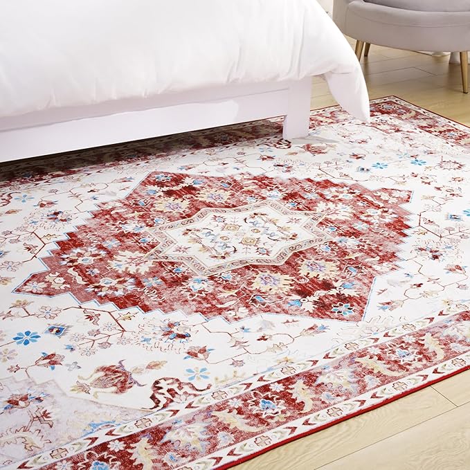 Amearea Vintage Design Area Rugs for Living Room, 4x6 Machine Washable Floral Collection Traditional Bedroom Rug, Low Pile Cute Kids Room Print Carpet, No Slip Office Kitchen Home Decor, Red