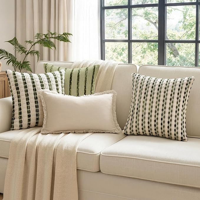 ANRODUO Boho Chenille Textured Tufted Pillow Covers 20x20 Inch Set of 2 Woven Decorative Throw Pillow Covers with Raised Stripes Accent Neutral Pillowcase for Couch Sofa Bed Living Room, Cream Olive