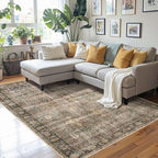 Area Rugs for Living Room Bedroom, Washable Rug, Brown Vintage Retro Boho Rug, Non Slip & Low Pile Wool Thin Carpet for Indoor Dining Room, Kids Room and Office(Charcoal/Olive 4x6ft)