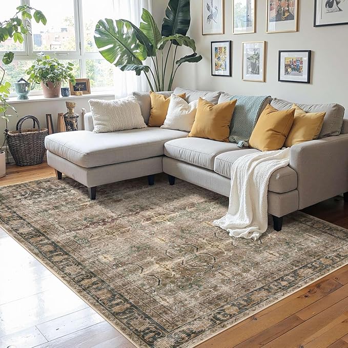 Area Rugs for Living Room Bedroom, Washable Rug, Brown Vintage Retro Boho Rug, Non Slip & Low Pile Wool Thin Carpet for Indoor Dining Room, Kids Room and Office(Charcoal/Olive 4x6ft)