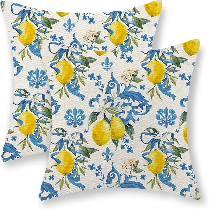Summer Pillow Covers 18x18 Inch Set of 2 Blue Lemon Pillow Covers Seasonal Summer Outdoor Decorative Pillow Cases Linen Farmhouse Floral Cushion Covers Decor for Couch Living Room Bedroom