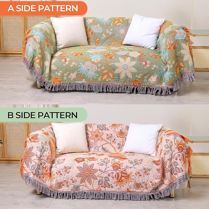 Boho Throw Blanket for Bed-Soft Cotton Rustic Quilt 80"×90",Floral Printed Farmhouse Decor Muslin Bed Blankets for Sofa Couch Chair, Seasons