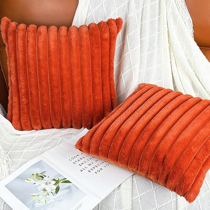18x18 Throw Pillow Covers Set of 2, Decorative Faux Fur Covers for Bed, Couch Soft Fluffy Pillow Cover with Velvet Back for Living Room, Neutral Home Décor Accent for Sofa - Burnt Orange
