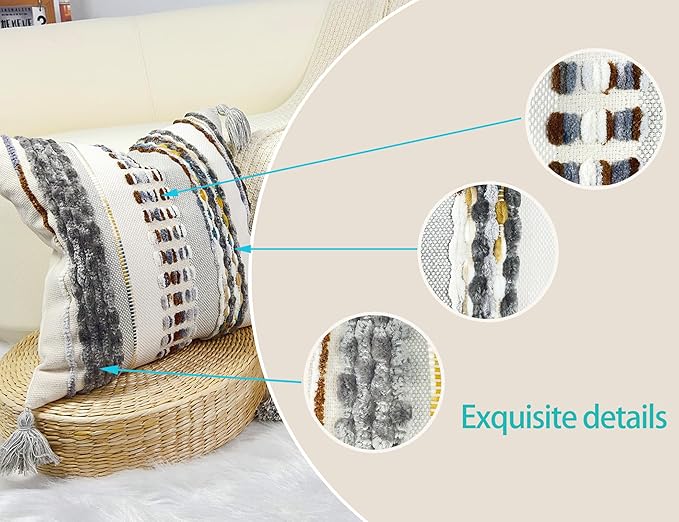 Boho Throw Pillow Covers 18x18 Aesthetic Neutral Boucle Couch Pillow Cover Rainbow Striped Decorative Accent Pillow Case for Couch Bed Sofa Farmhouse,Modern Funky,Set of 2 Brown-Grey