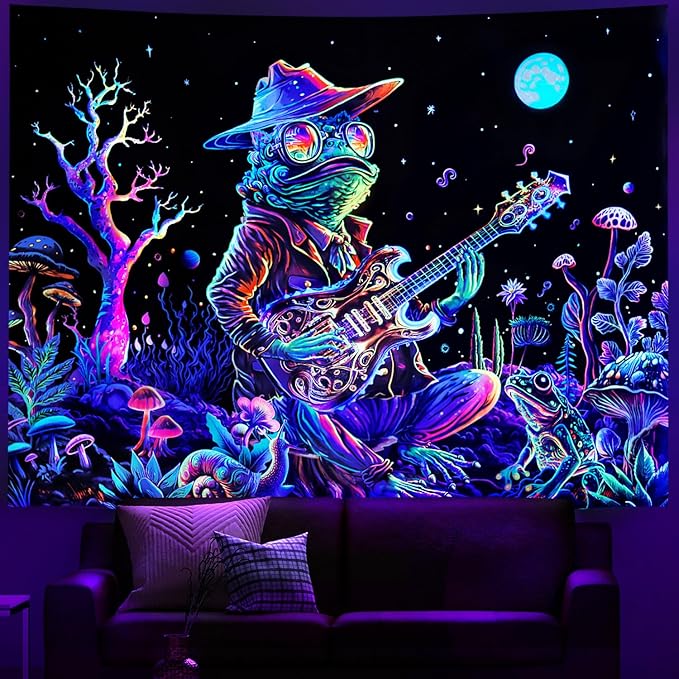 Galoker Blacklight Frog Tapestry Fantasy Neon Mushroom Tapestries UV Reactive Plant Floral Wall Tapestry Galaxy Space Tapestries Wall Hanging for Home Decor(H70.8×W92.5 inches)