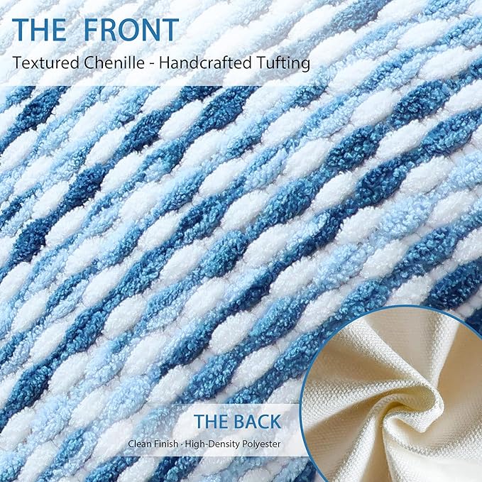 Boho Decorative Throw Pillow Covers 18x18 Inch, Chenille Tufted Pillow Cover Striped Textured Square Farmhouse Accent Pillowcase for Couch Sofa Bedroom Living Room, Blue White Stripe, 1 Pack