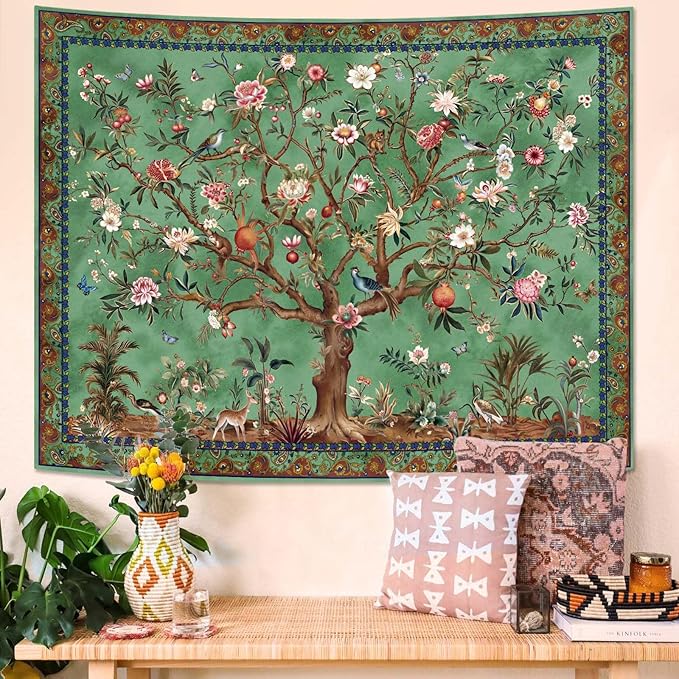 Faxdong Boho Tree of LIfe Tapestry, Vintage Flower Leaves Birds Plant Animal Pattern Tapestries, Retro Indian Bohemian Aesthetic Wall Hanging Green 60×80 inch