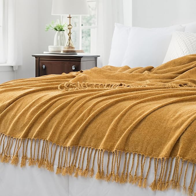 Chenille Throw Blanket for Couch with Tassels,60"X80" Soft Lightweight Knitted Boho Decorative Blankets for Bed and Sofa,Mustard Yellow