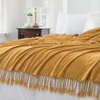 Chenille Throw Blanket for Couch with Tassels,60"X80" Soft Lightweight Knitted Boho Decorative Blankets for Bed and Sofa,Mustard Yellow