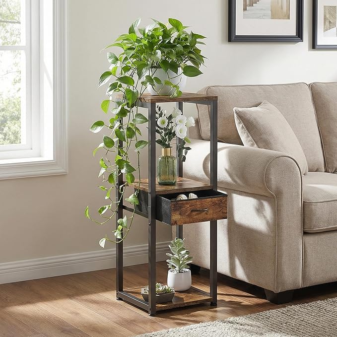 3 Tier Tall Plant Stand with Fabric Drawer , 32.5" Corner Plant Stands for Indoor Plants Multiple, Small Side Table for Indoor Plants