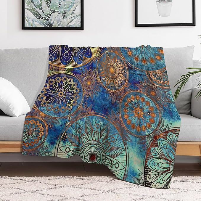 Boho Floral Throw Blanket Retro Mandala Flower Vintage Mystical Dream Style Theme Blanket for Sofa Bed Couch Chair Or Dorm 50"x60"