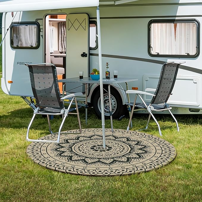 Outdoor Round Rug 5ft, Easy Jute Rug Washable Indoor Outdoor Patio Rug, Non Slip Round Area Rug Farmhouse Front Door Mat,Boho Lightweight Carpet for Backyard Patio Entry (Black, 5 Ft)