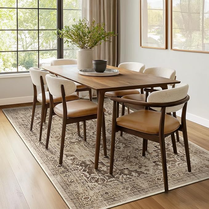 Vintage Brown 5x8 Area Rugs for Living Room, Distressed Medallion Dining Room Rug Washable Non Slip, Low Pile Thin Carpet Rugs for Den/Bedroom/Foyer/Home Office, Earthy Brown Taupe Black