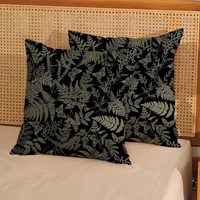 Black Pillow Covers 18x18 Set of 2 Sage Green Wildflower Leaf Plant Decorative Pillowcase Tropical Fern Herbs Botanical Floral Cushion Case Decor Summer Outdoor Throw Pillows for Couch Sofa