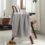 FOSSA Muslin Blanket with Fringe - 4-Layer 100% Cotton Gauze Super Soft & Breathable Throw -Lightweight Decorative Cooling Blanket for Bed, Sofa, Office (Grayish, King (104" × 90"))
